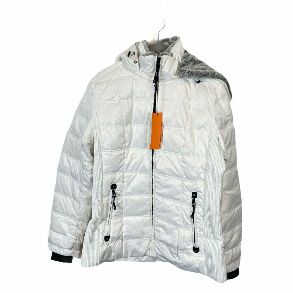 SlowDown Coat Womens Sz Small Ivory Long Sleeve Hooded Quilted Puffer Down Fill